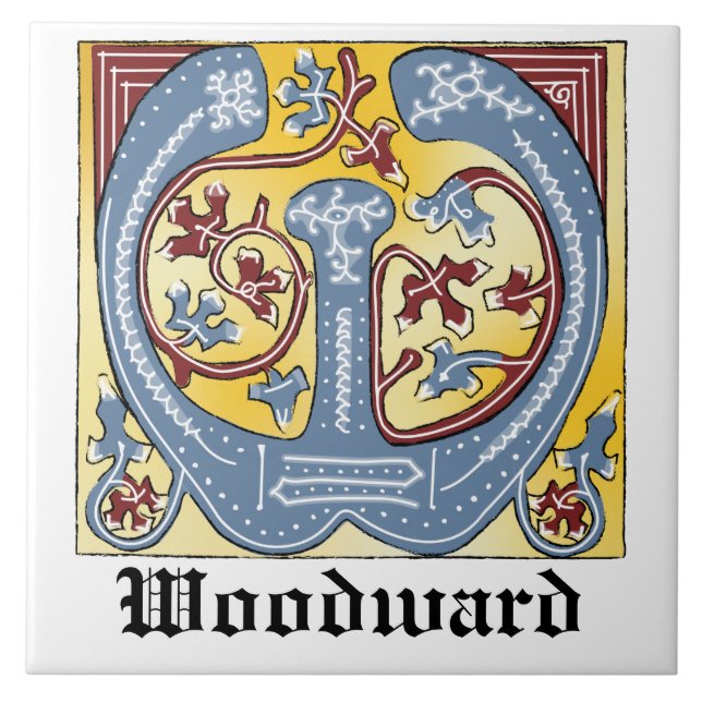 Medieval Blue and Red Ivy Illuminated Letter W Ceramic Tile (Front)