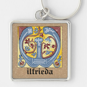Medieval Blue and Red Ivy Illuminated Letter W Keychain