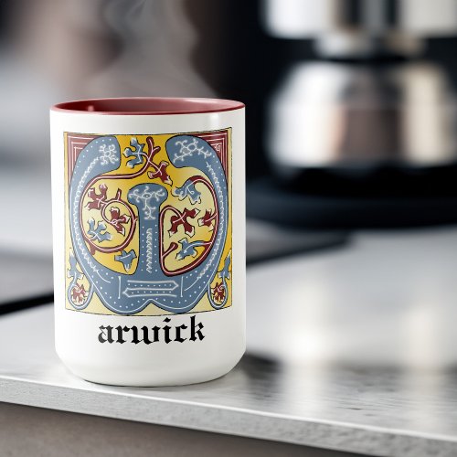 Medieval Blue and Red Ivy Illuminated Letter W Mug