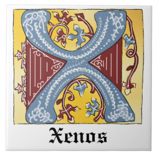 Medieval Blue and Red Ivy Illuminated Letter X Ceramic Tile