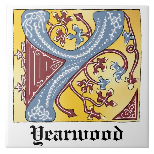 Medieval Blue and Red Ivy Illuminated Letter Y Ceramic Tile (Front)