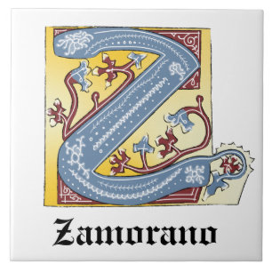 Medieval Blue and Red Ivy Illuminated Letter Z Ceramic Tile