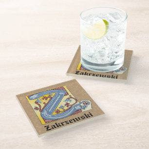Medieval Blue and Red Ivy Illuminated Letter Z Glass Coaster