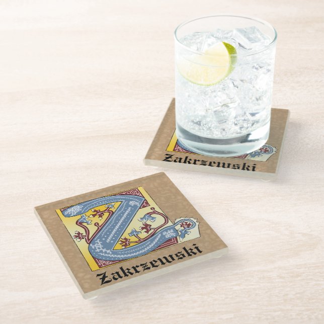 Medieval Blue and Red Ivy Illuminated Letter Z Glass Coaster (Angled)