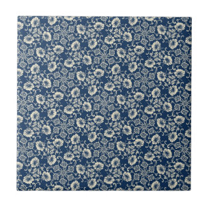 Medieval Blue Floral Design Ceramic Tile