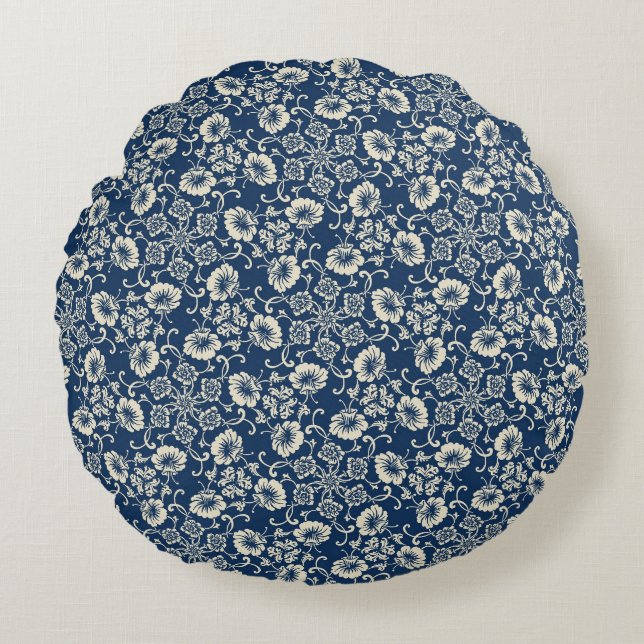 Medieval Blue Floral Design Round Pillow (Front)