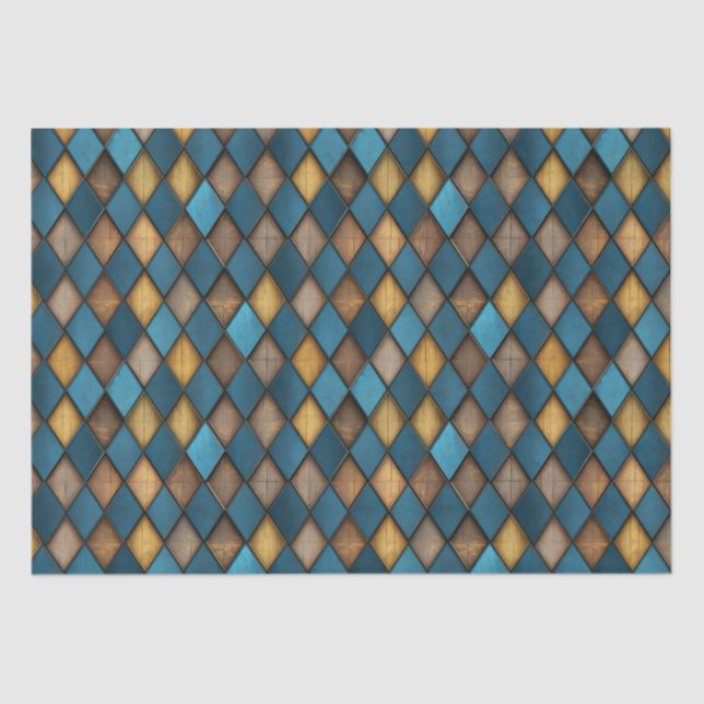 MEDIEVAL BLUE HARLEQUIN WOOD METAL DECOUPAGE TISSUE PAPER (Front)