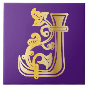 Medieval Botanical Decorative Capital J Ceramic Tile