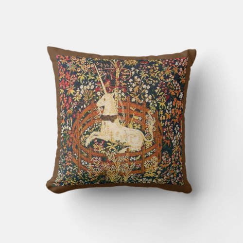 Medieval captive unicorn tapestry throw pillow