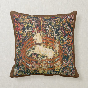 Medieval captive unicorn tapestry throw pillow