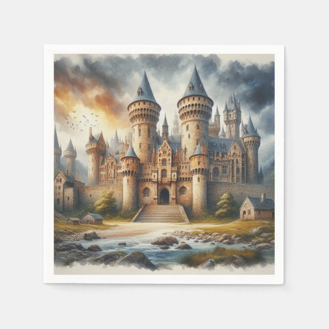 Medieval Castle at Sunset with Atmospheric Skies Napkins (Front)