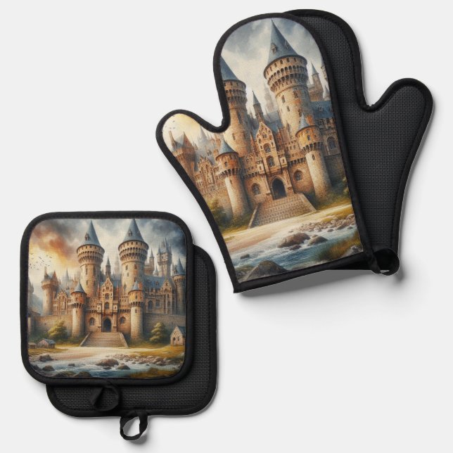 Medieval Castle at Sunset with Atmospheric Skies Oven Mitt & Pot Holder Set (Front/Back)
