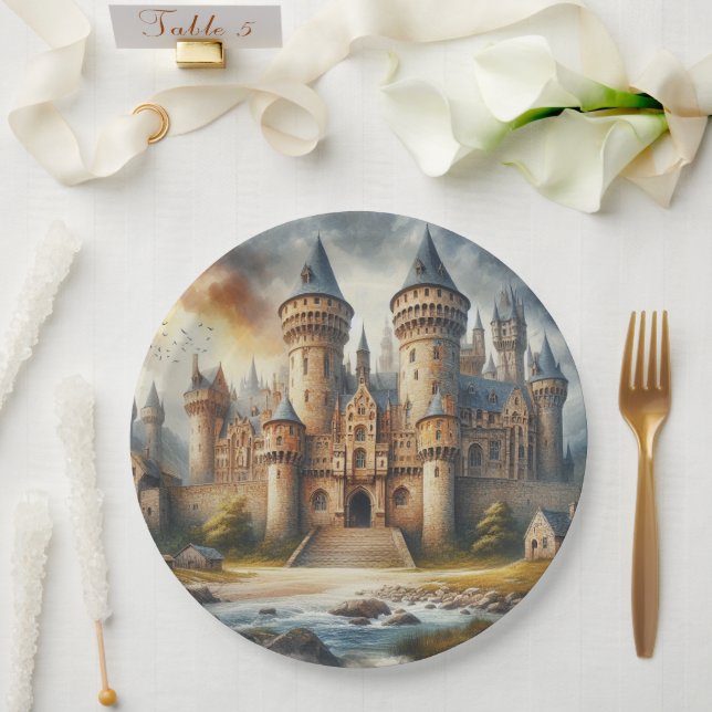 Medieval Castle at Sunset with Atmospheric Skies Paper Plates (Wedding)