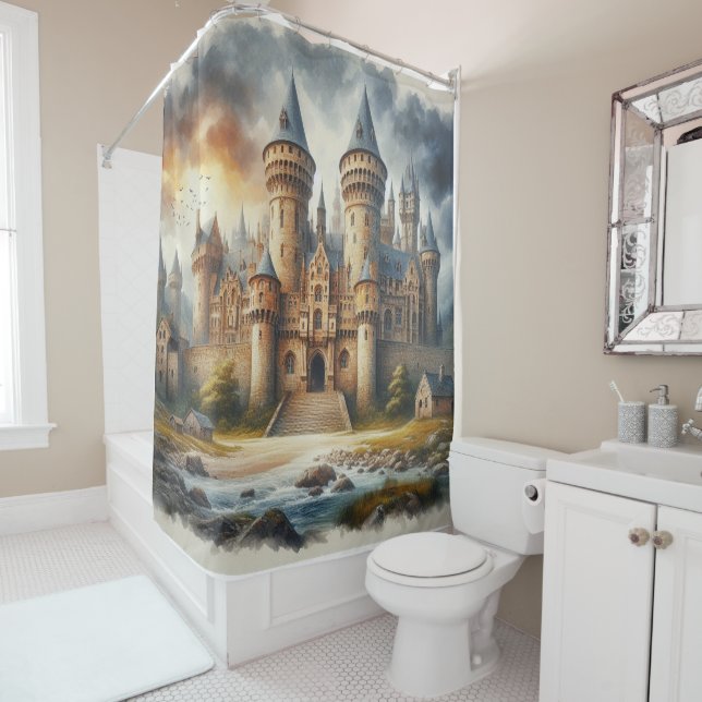 Medieval Castle at Sunset with Atmospheric Skies Shower Curtain (In Situ)