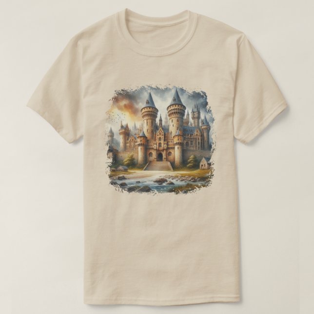 Medieval Castle at Sunset with Atmospheric Skies T-Shirt (Design Front)
