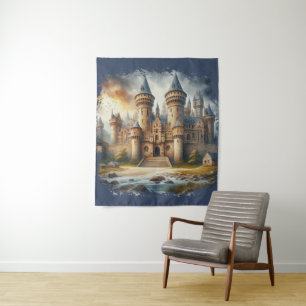 Medieval Castle at Sunset with Atmospheric Skies Tapestry