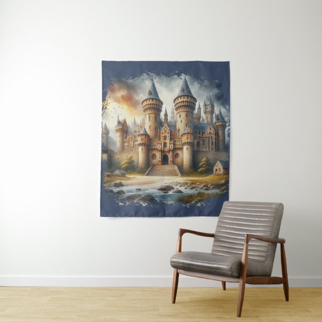 Medieval Castle at Sunset with Atmospheric Skies Tapestry (In Situ)