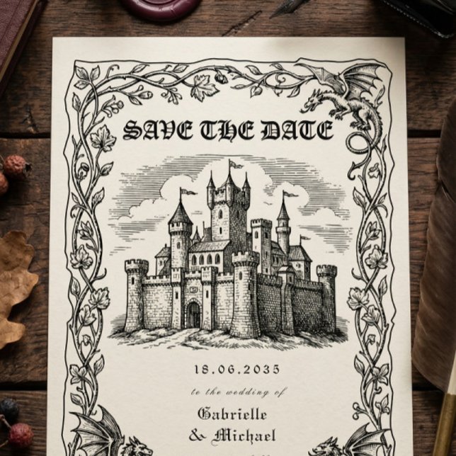 Medieval Castle Black White Illustration  Save The Date (Creator Uploaded)