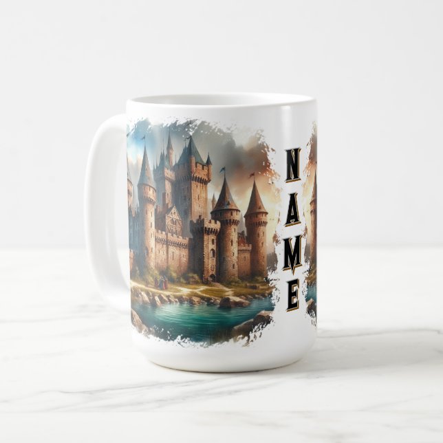 Medieval Castle by a Tranquil River at Sunset Coffee Mug (Front Left)