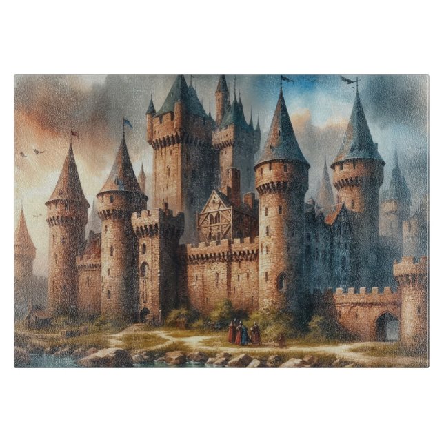Medieval Castle by a Tranquil River at Sunset Cutting Board (Front)