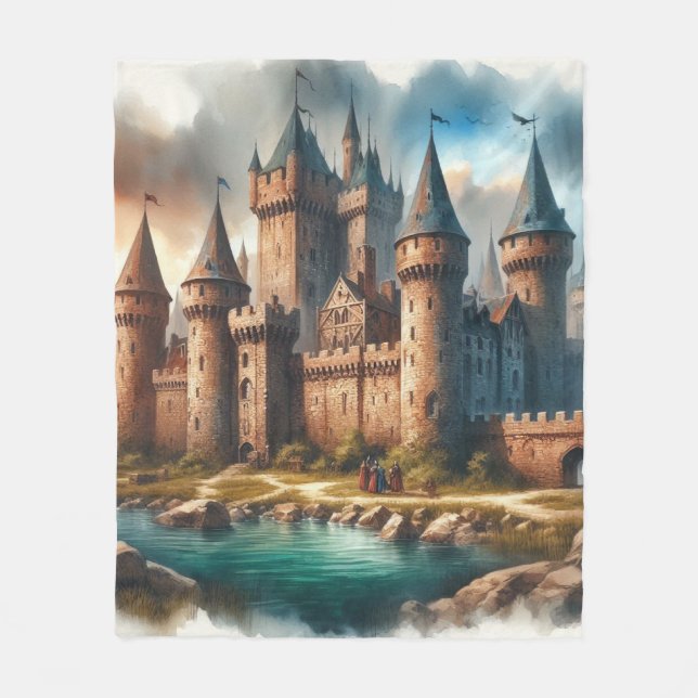 Medieval Castle by a Tranquil River at Sunset Fleece Blanket (Front)