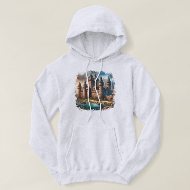 Medieval Castle by a Tranquil River at Sunset Hoodie (Design Front)