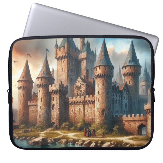 Medieval Castle by a Tranquil River at Sunset Laptop Sleeve (Front)
