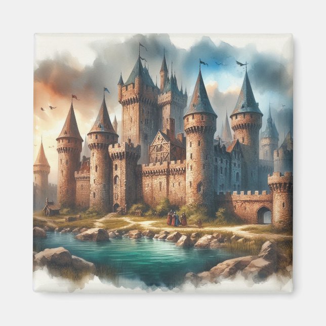Medieval Castle by a Tranquil River at Sunset Magnet (Front)