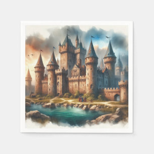 Medieval Castle by a Tranquil River at Sunset Napkins