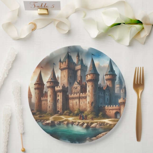 Medieval Castle by a Tranquil River at Sunset Paper Plates (Wedding)