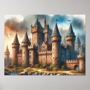Medieval Castle by a Tranquil River at Sunset Poster