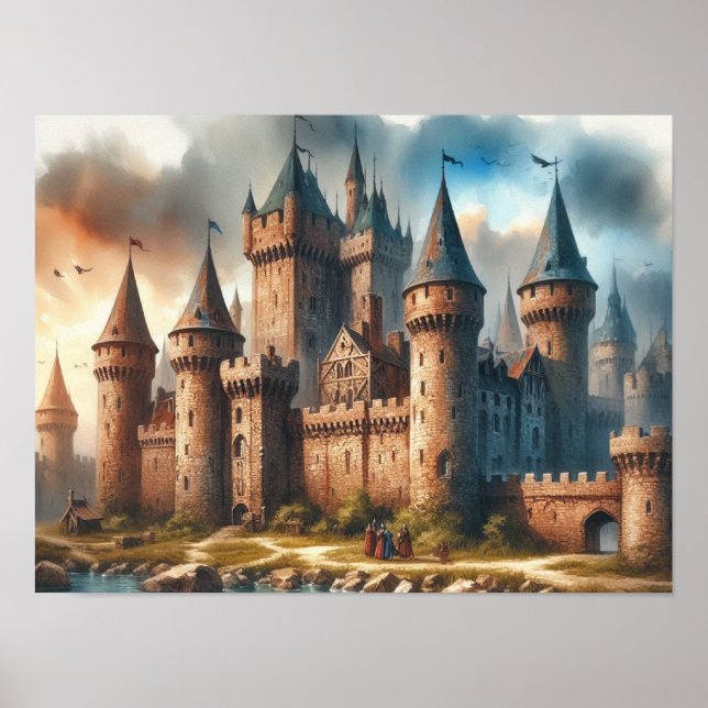 Medieval Castle by a Tranquil River at Sunset Poster (Front)