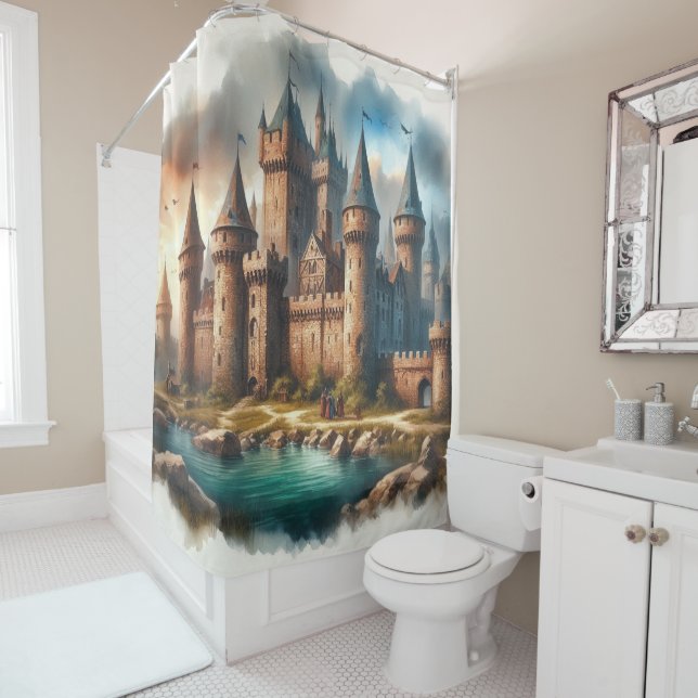 Medieval Castle by a Tranquil River at Sunset Shower Curtain (In Situ)