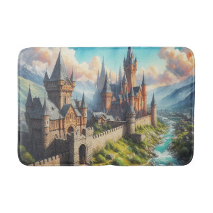 Medieval Castle in a Mountain Valley Landscape Bath Mat
