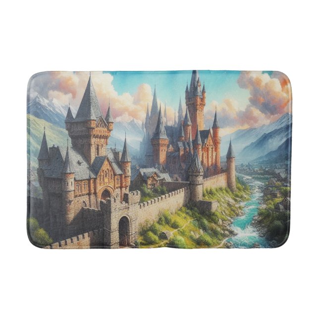 Medieval Castle in a Mountain Valley Landscape Bath Mat (Front)