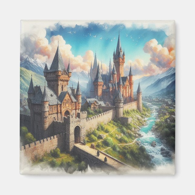 Medieval Castle in a Mountain Valley Landscape Magnet (Front)