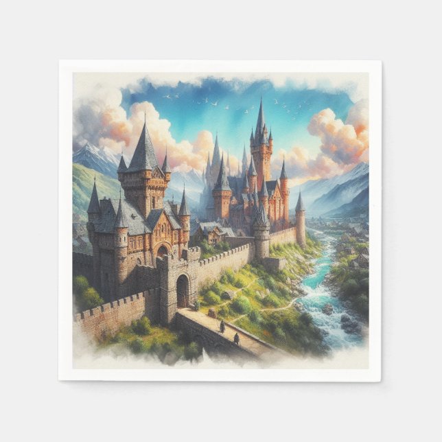 Medieval Castle in a Mountain Valley Landscape Napkins (Front)