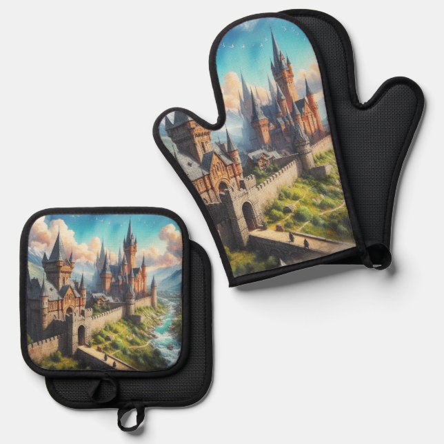 Medieval Castle in a Mountain Valley Landscape Oven Mitt & Pot Holder Set (Front/Back)
