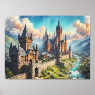 Medieval Castle in a Mountain Valley Landscape Poster