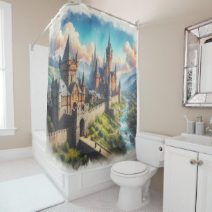 Medieval Castle in a Mountain Valley Landscape Shower Curtain