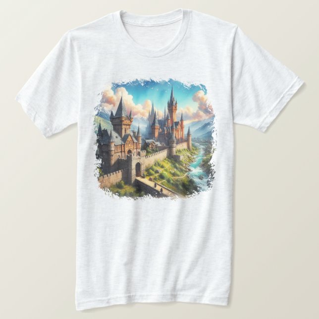 Medieval Castle in a Mountain Valley Landscape T-Shirt (Design Front)