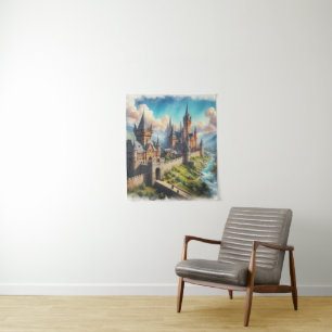 Medieval Castle in a Mountain Valley Landscape Tapestry