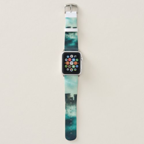 Medieval castle in the heavy fog at night apple watch band