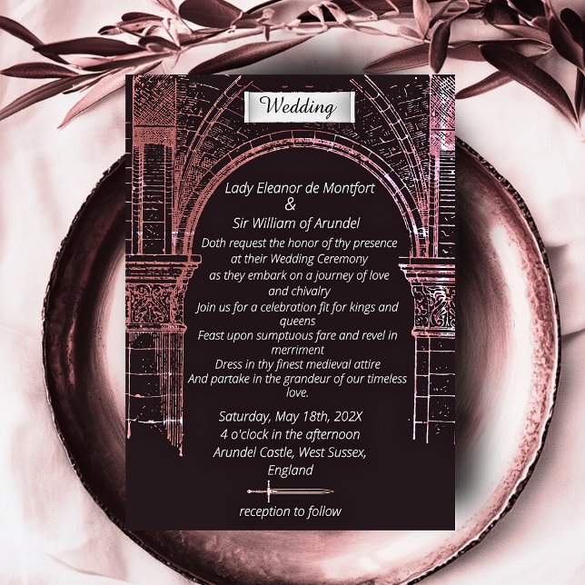 Medieval Castle Moody Pink Faux Parchment Wedding Invitation (Medieval Castle Faux Parchment Wedding Invitation)