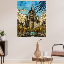 Medieval Castle over Canal Stained Glass Art Illus