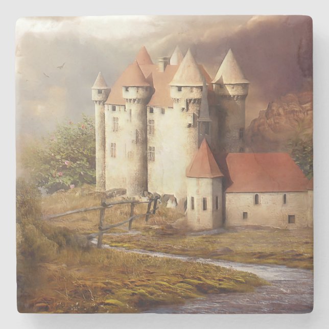 Medieval Castle River Run Stone Coaster (Front)