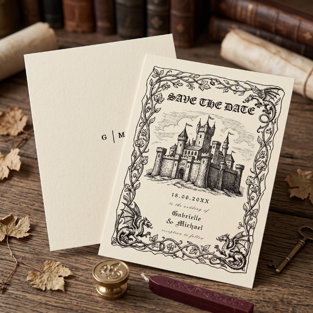 Medieval Castle Sepia Illustration Wedding Save The Date (Creator Uploaded)
