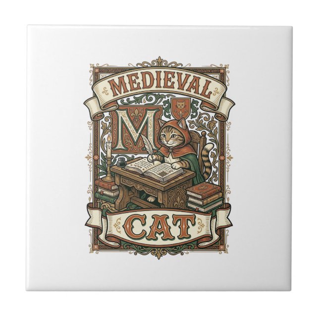 Medieval Cat Cat Medieval Manuscript Vintage Ceramic Tile (Front)