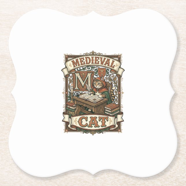 Medieval Cat Cat Medieval Manuscript Vintage Paper Coaster (Front)