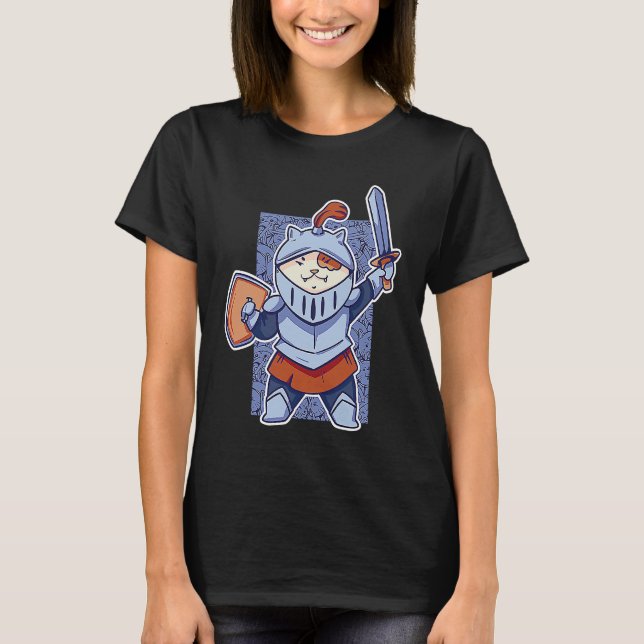 Medieval Cat Kitten with sword and Sheild Dragons  T-Shirt (Front)